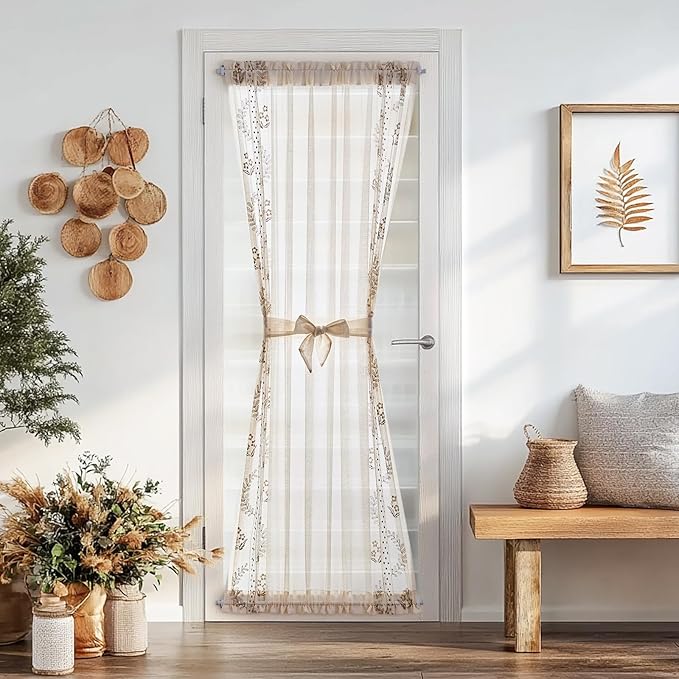 jinchan Belrose Sheer French Door Curtain Embroidered Farmhouse Linen Curtain for Patio Light Filtering for Door Window Closet Rod Pocket 72 Inches 1 Panel Taupe on Beige