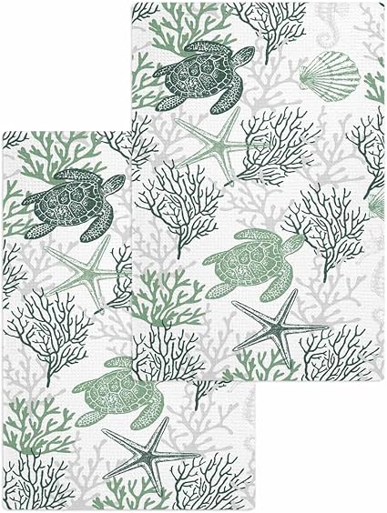 Sage Green Coral Hand Towels Set,Waffle Kitchen Towels 2 Pieces,Turtle Shell Microfiber Hair Face Bath Tea Towel Absorbe