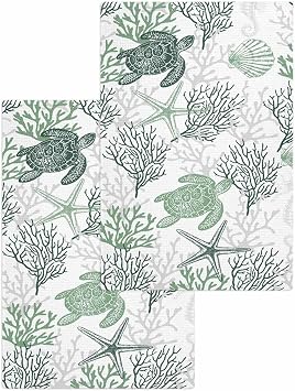 Sage Green Coral Hand Towels Set,Waffle Kitchen Towels 2 Pieces,Turtle Shell Microfiber Hair Face Bath Tea Towel Absorbe