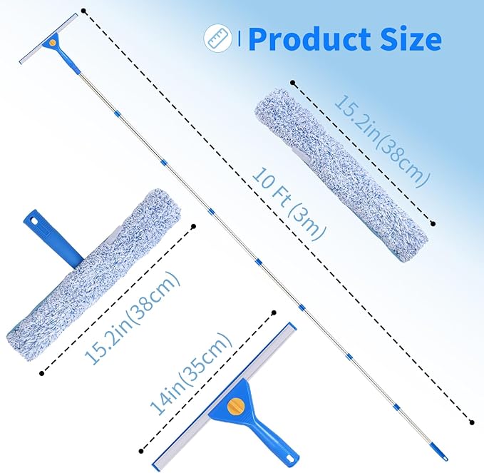 10Ft Window Cleaning Kit with Extension Pole, 14" Squeegee and 15" Scrubber with Long Handle, Window Cleaner Tool Washing Equipment for Outdoor High Windows Glass