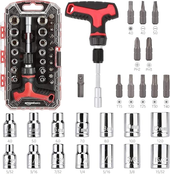 Amazon Basics 27-Piece Ratchet Screwdriver and Socket Set, Light-Duty T-Handle with Magnetic Bit Holder, Cr-V Steel, for
