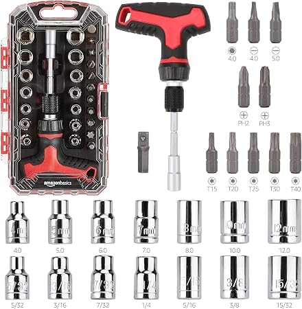 Amazon Basics 27-Piece Ratchet Screwdriver and Socket Set, Light-Duty T-Handle with Magnetic Bit Holder, Cr-V Steel, for