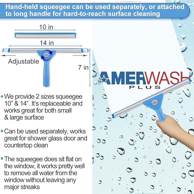 AMERWASH PLUS Window Squeegee Washing Kit for Shower Glass Door, Mirror and Window Cleaning, Extra 14'' Wide Squeegee and 2 Microfiber Scrubbers Included (Extension Pole not Included)