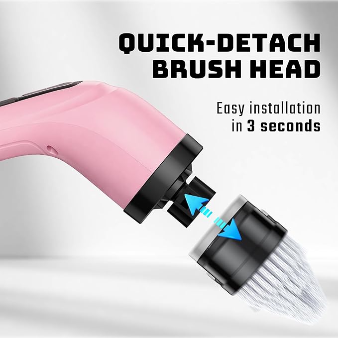 Electric Spin Scrubber - Cordless Bathroom Scrubber with 7 Brush Heads - Dual Speed IPX7 Waterproof Power Scrubber for Heavy-Duty Bathtub, Glass, Tile, and Car Cleaning (Pink)
