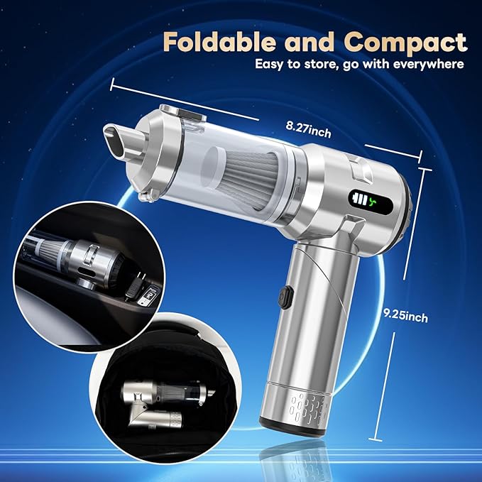 【Upgraded Version】Sycoodeal Car Vacuum Cleaner,Mini Portable Vacuum Cordless,25000PA Powerful Strong Cyclonic Suction USB Rechargeable Foldable Handheld Vacuum with One-touch Dust Removal for Car,Home