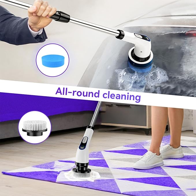 Electric Spin Scrubber Cordless – Powerful Bathroom Cleaning Brush with Long Handle, 2 Speeds, 3000mAh Rechargeable, 7 Brush Heads, Wall Hanger & Crevice Tools – Shower, Tub & Tile Cleaner