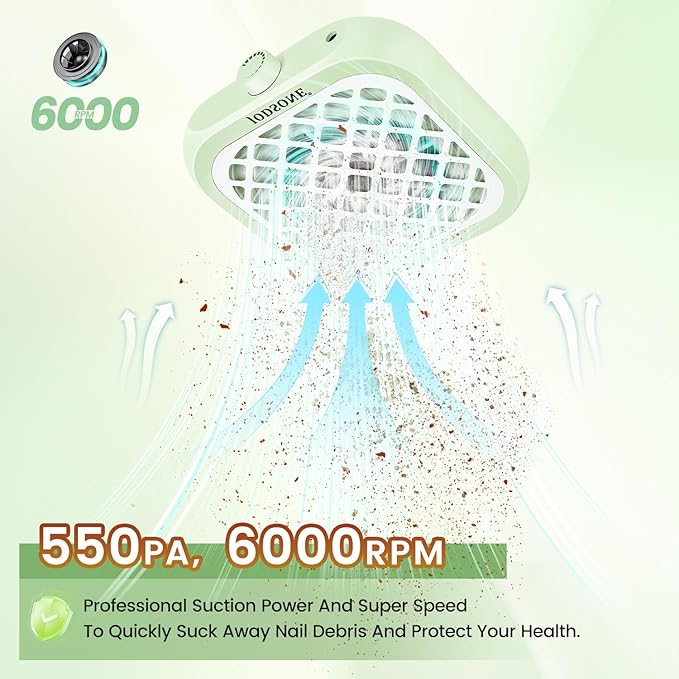 JODSONE Mini Nail Dust Collector PocketSized 6000RPM Powerful Suction Portable Nail Salon with 30 Filters Green