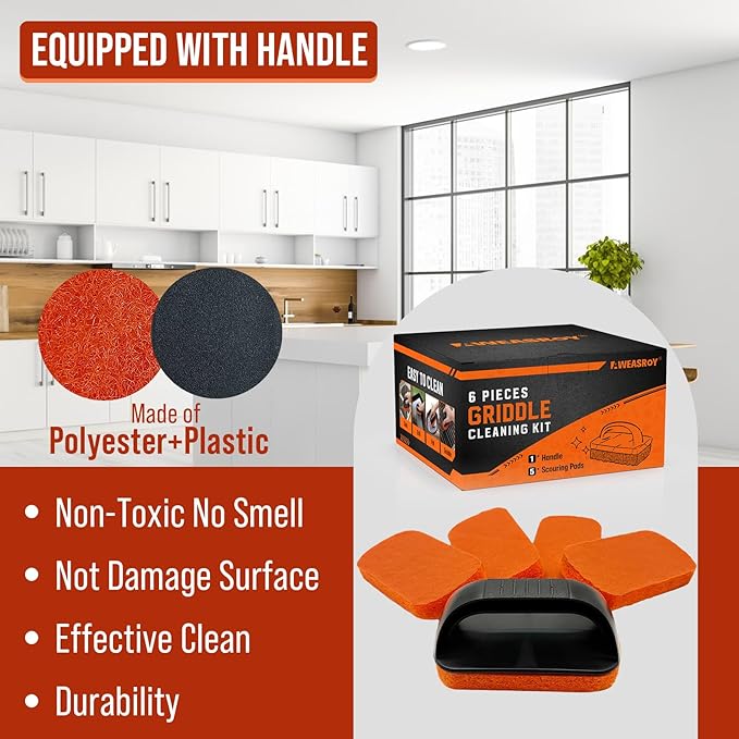 6-Piece Griddle Cleaning Kit for Blackstone, Flat Top Grill Cleaning Kit Non-Scratch Scouring Pads for Kitchen - 5 Scrubber Pads and 1 Handle