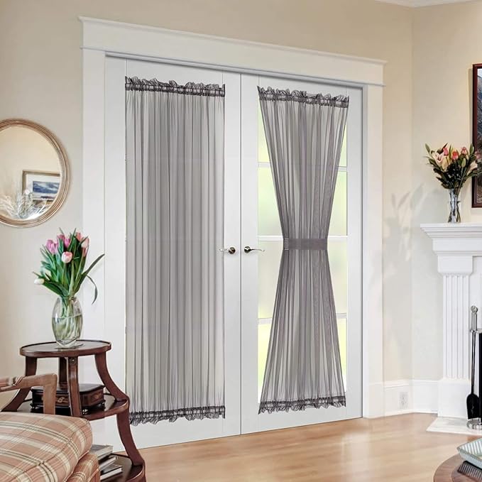 MIULEE French Door Sheer Curtains for Front Back Patio Glass Door Light Filtering Window Treatmentwith 2 Tiebacks 54 Wide and 72 Inches Length, Dark Grey, Set of 2