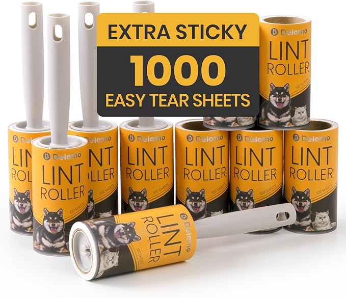 DELOMO Lint Roller 1,000 Sheets (5 Rollers + 5 Refills) - Lint Rollers for Pet Hair Extra Sticky, Mega Value Pet Hair Removal Tool for Clothes/Couch/Furniture/Car - Ideal Home Gift for Pet Owners