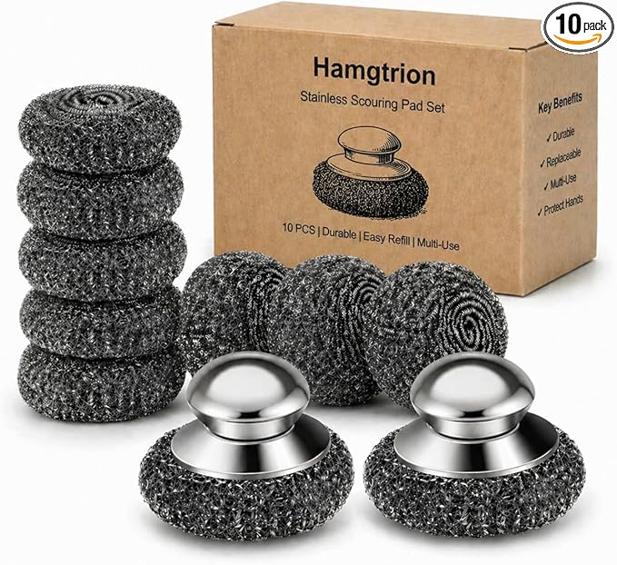 Steel Wool Scrubber, 10-Pack Stainless Steel Scrubber Pads with Handle - The Ultimate Scouring Solution for Rust, Stubborn Messes on Cookware, Grill, Oven & Kitchen Sinks