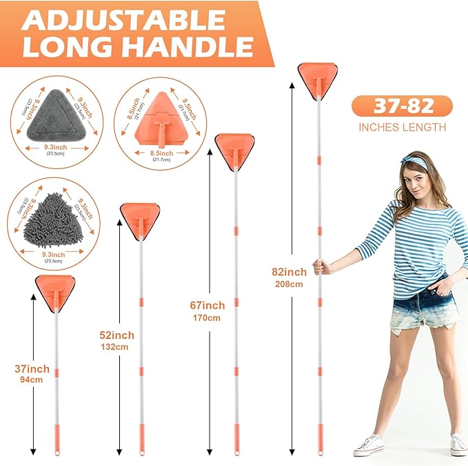 Wall Cleaner Triangle Mop with 82'' Long Handle - Wall Scrubber, Cleaning Washer Tool with 4 Microfiber Chenille Duster Pads for Clean Walls, Ceiling, Windows, Baseboards, Floors (Orange, 6 Pads)