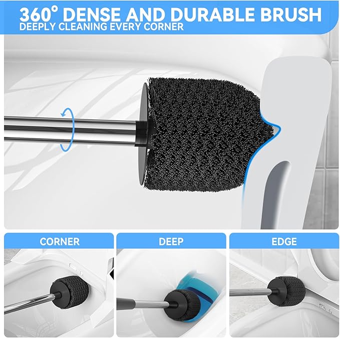 TRENTI Toilet Brush, Toilet Brush and Holder Set, Bristles Toilet Bowl Brush Head with Ventilated Holder, Wall Mounted Compact Toilet Brush Set for Bathroom Deep Cleaning (1, Black)