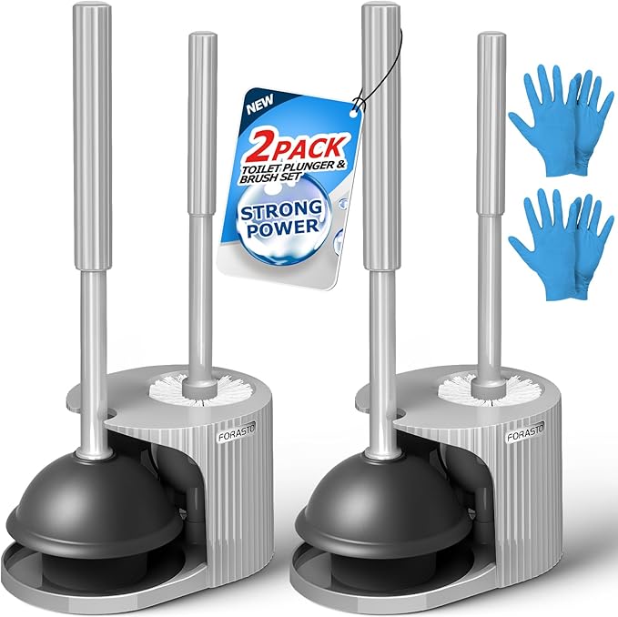 FORASTO 2Pack 2 in 1 Toilet Brush and Plunger Set, Extended Handle Plunger，Toilet Bowl Brush Plunger Set,Bathroom Cleaning Tools ，Toilet Brush Plunger Combo，Cleaning Brush，Cleaning Supplies（Dark Grey）