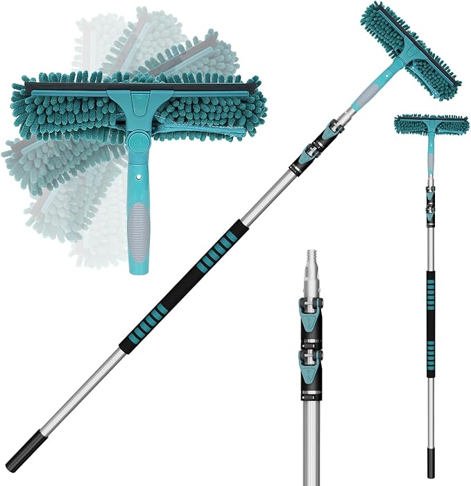 TelesPro 20 Feet High Reach Window Squeegee with 5-12Ft Extension Pole, Window Cleaner Tool with 3-Stage Telescoping Pole, Window Cleaning Kit with Rotatable Head (2 Squeegee & 2 Microfibre Cloths)