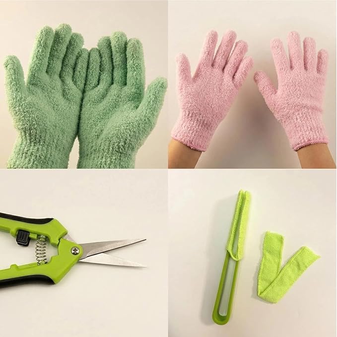 Microfiber Gloves for Plant Dusting,10 Pack Plants Cleaning Set with Leaf Cleaner Tong with Separate Cloth Covers and Garden Shear for Indoor Outdoor Garden Plant Shiny Leaves