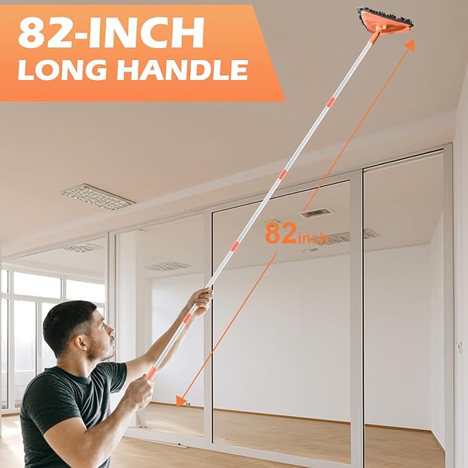 Wall Cleaner Triangle Mop with 82'' Long Handle - Wall Scrubber, Cleaning Washer Tool with 4 Microfiber Chenille Duster Pads for Clean Walls, Ceiling, Windows, Baseboards, Floors (Orange, 4 Pads)