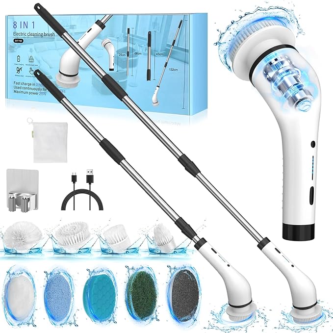 Electric Spin Scrubber, Shower Cleaning Brush, 2 Adjustable Speeds Cordless Power Spinning Cleaner Brush with 8 Replaceable Brush Heads for Tile, Tub, Sink, Wall, Bathroom SXT-160