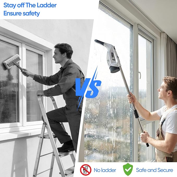 Window Vacuum Squeegee Cordless, Window Vacuum Cleaner with 2000Pa Streak-Free Suction, 30–40" Extension Pole, 11-Inch Cleaner Tool for High Windows, Shower Glass, Tiles & Mirrors