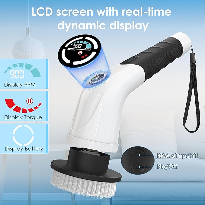 Electric Spin Scrubber, Cordless Cleaning Brush with 180 Min Runtime, 3-Speed, 7 Replaceable Brush Heads & Long Detachable Handle, LCD Display (RPM/Torque/Battery), for Bathroom, Kitchen, Tile