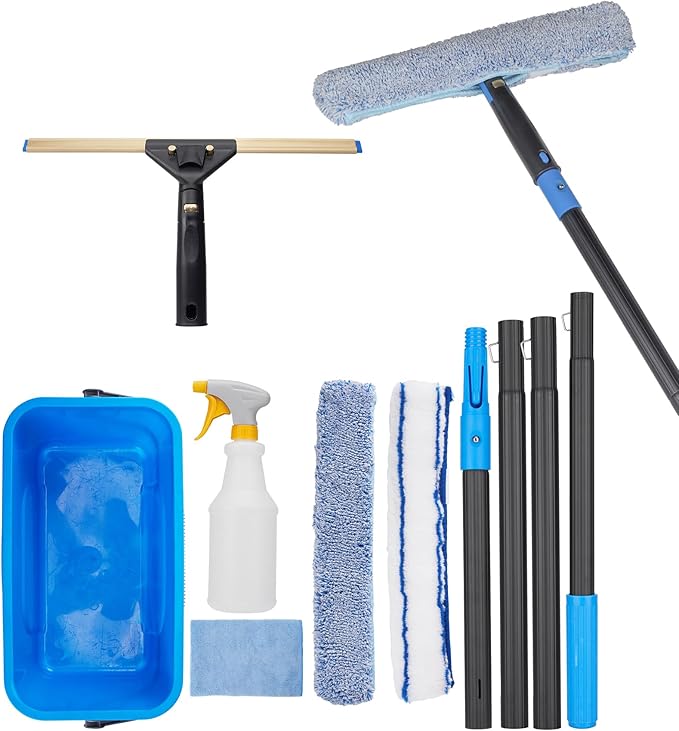Professional Window Cleaning Kit with 50" Extension Pole, 8-in-1 Window Scrubber Squeegee Set, 14" Flexible Head, 3 Gallon Storage Bucket, Spray Bottle Microfiber Cloths for High Indoor/Outdoor Glass
