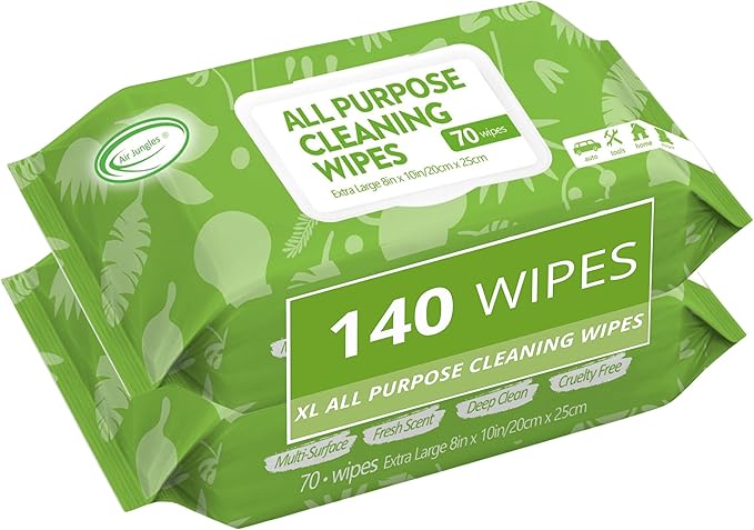 Air Jungles All Purpose Cleaning Wipes for Car and Home 70 Count (Pack of 2), Extra Large 8" x 10" Heavy Duty for Car Interior Vinyl, Kitchen, Bathroom, Countertop, Furniture, Tool - Non-Toxic