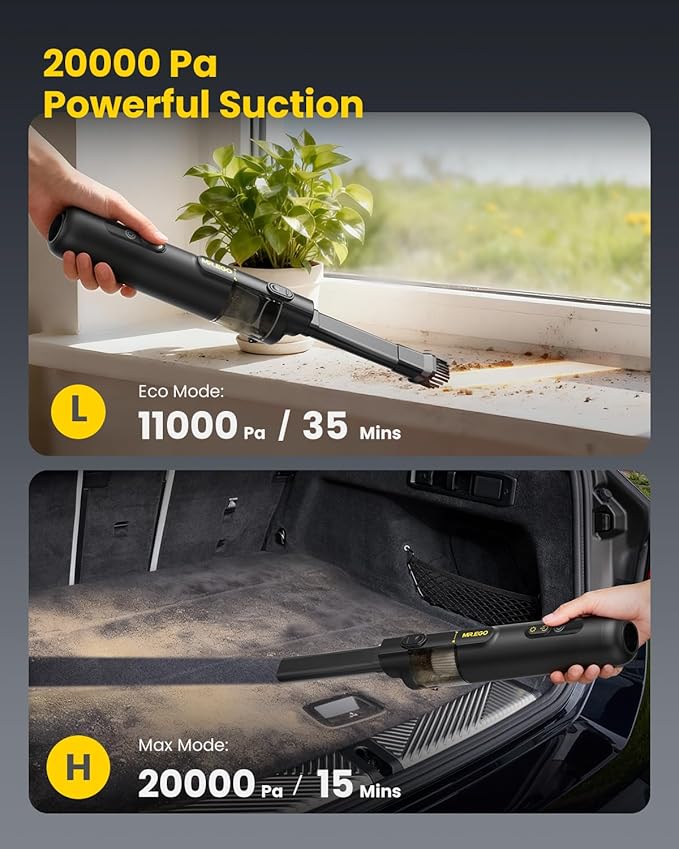 Mr.ego Car Vacuum Portable Cordless, 20000Pa High-Power Suction Handheld Vacuum & Air Duster with Brushless Motor, Multi-Nozzles, Green LED Light & Washable Filter for Car, Home, Office, Pet Hair