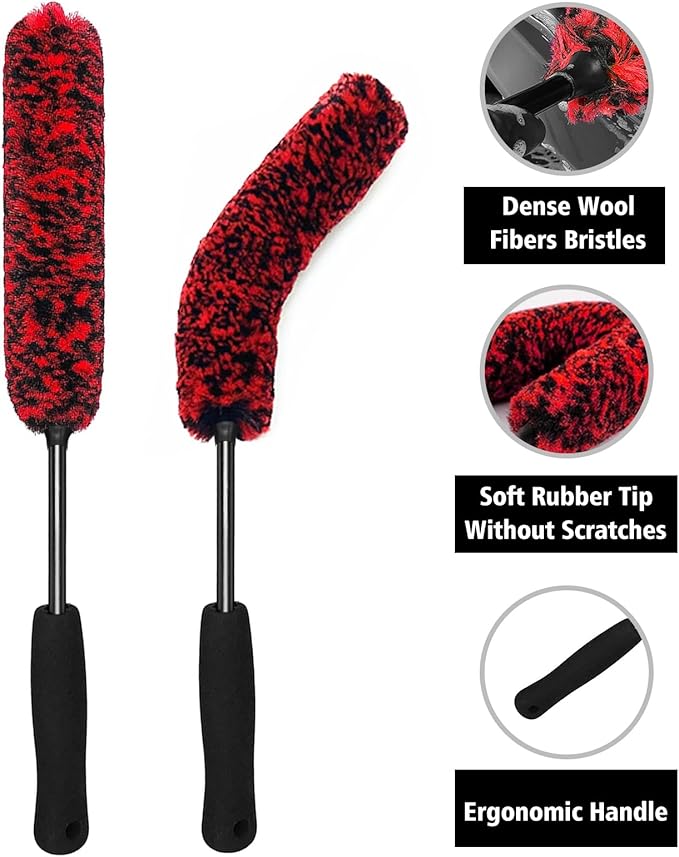 YeewayVeh 4Pack Car Wheel Cleaning Kit, Bendable Wheel Brush and Microfiber Rim Cleaner Brush, Tire Brush and Car Detailing Brush, Soft & No-Scratch Car Wheel Rim Brush Set for All Wheel Types, Red