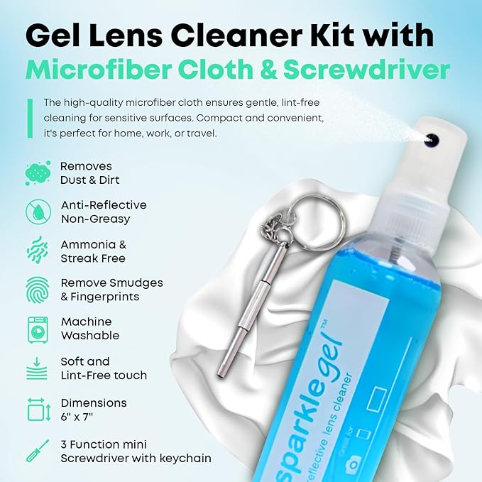 Sparkle Anti-Reflective Safe Gel Lens Cleaner & Repair Kit – (2) 2oz Glasses Cleaner Spray, (2) Microfiber Cloth & Keychain Screwdriver for Eyeglasses, Lenses & Screens (5 Piece Set)