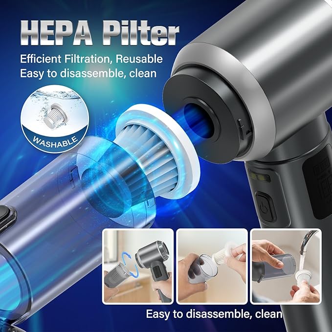 4-in-1 Handheld Vacuum Cordless&Air Duster, 28000pa Suction Power Car Vacuum Portable Cordless, Mini Vacuum with Digital Display and One-Click Dust Emptying for Car Home Office Kitchen Pet Hair(Gray)