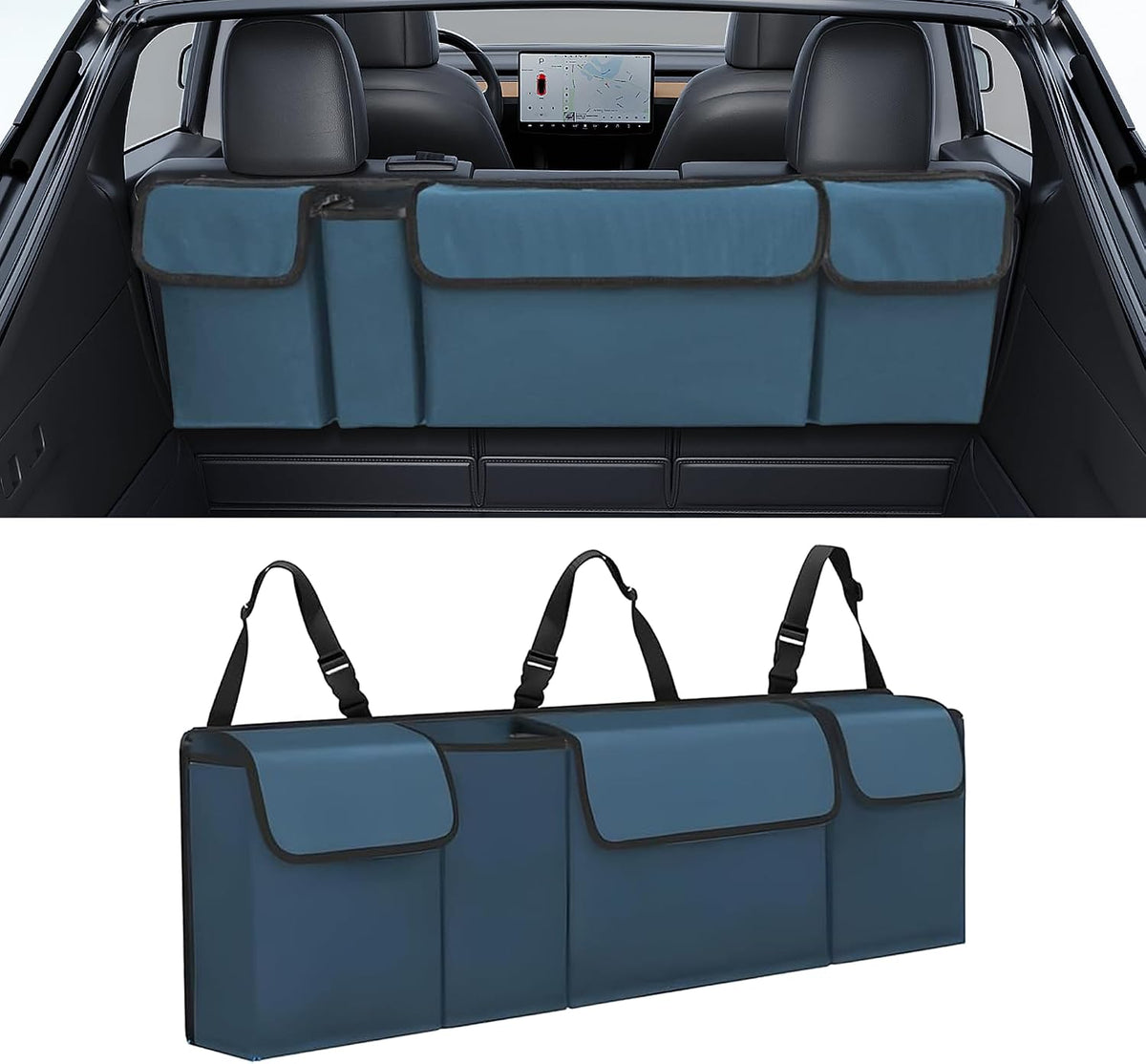 Car Trunk Organizer, Backseat Hanging Large Storage with Adjustable Straps,Waterproof PVC Collapsible Cargo Bag, Car Interior Accessories for Auto SUV MPV，Blue