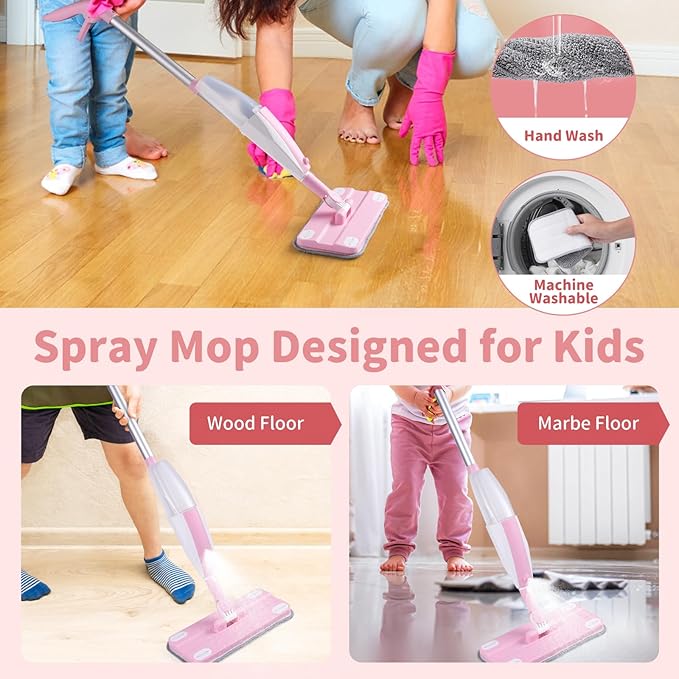 Kids Spray Mop,Fun & Functional Toddler Cleaning Set,Real Working Mop for Floors,Pretend Play – Includes Spray Bottle, 2 Washable Microfiber Pads, Montessori Kids Cleaning Toy Set -Pink