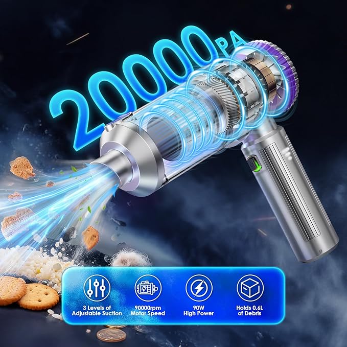 ToddlerCley Handheld Car Vacuum Cordless with 20000Pa Powerful Suction, Rechargeable Mini Car Vacuum Cleaner with 3-Speed, 90000RPM Motor, Portable Hand Vacuum for Car Interior, Home, Pet Hair, Desk
