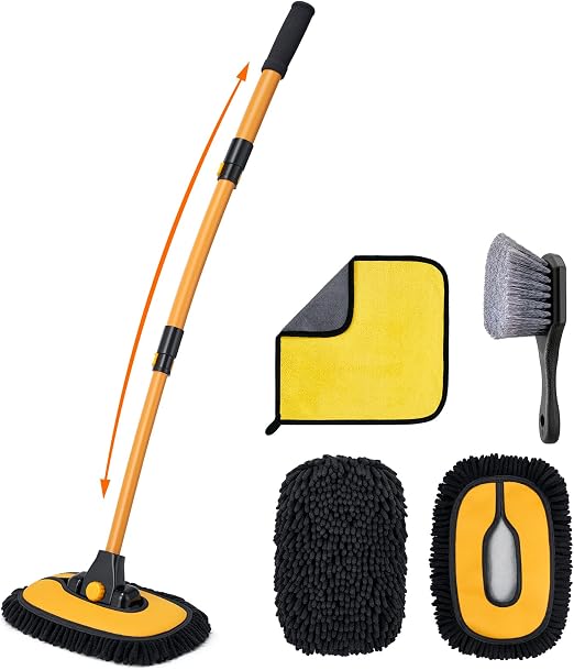 AstroAI 15°Curved Car Wash Brush with 43" Long Handle and 90° Rotating Replaceable Brush Head, Car Wash Kit with Microfi