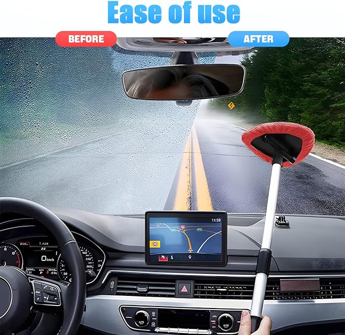 Windshield Cleaning Tool, Car Window Cleaner with Extendable Long Handle and 4 Washable Reusable Microfiber Pads, Auto Interior Exterior Glass Wiper Cleaning Kit Universal for Office and Home (Red)
