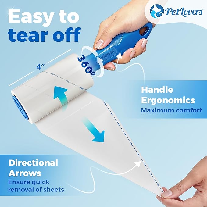 PetLovers Extra Sticky Lint Roller Mega Value Set 900 Sheets for Pet Hair Removal and Clothes, Dog and Cat Lint Remover, 10 Pack
