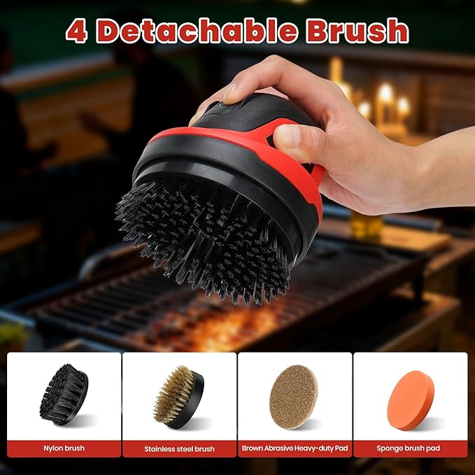Electric Grill Brush for Outdoor Grill- 4 Replaceable Heads, 3000mAh IPX7 Waterproof BBQ Cleaning Scrubber for Kitchen & Car & Bathroom - Ideal Mother’s for Grill Lovers, Dad, Mom