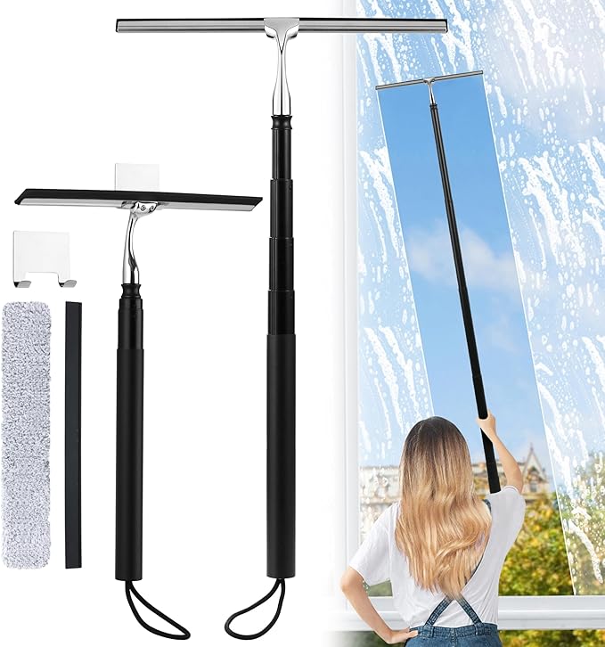 Toncoke 2 in 1 Window Squeegee, Shower Squeegee Window Cleaning Kit with Extension Pole Long Handle Squeegee for Shower Glass Floor Bathroom Home Outdoor, 12 inch Wide, Black