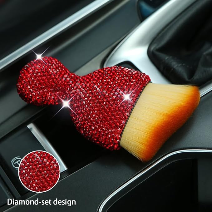 zipelo Auto Interior Dust Brush, Car Detailing Cleaning Brush with Diamond, Bling Handle Soft Bristles Dusting Tool, Scratch Free Dirt Clean Brushes for Vehicle Dashboard, Air Conditioner Vent (Red)