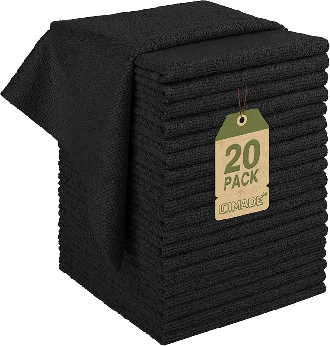 UNIMADE Microfiber Cleaning Cloth, 20 Pack Reusable Microfiber Towels for Cars Lint Free Cleaning Shop Towel Rags for Home Kitchen Automotive Bar Mechanic Restaurant Garage, 11.5"x 11.5", Black