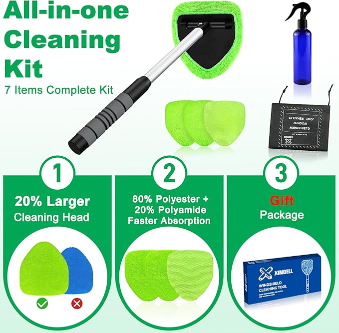 XINDELL Windshield Cleaner Tool – Car Interior Window Cleaning Kit with Extendable Handle & 4 Microfiber Pads, Auto Wiper Inside Windshield Brush for Car & Home Windows