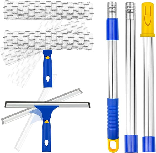 Window Washing Kit with Extension Pole, 10" Squeegee & 11" Microfiber Scrubber Combi with Stainless Steel Pole, Window Cleaner for Car, Sliding Door,Shower Glass Door-Swivel Style-2 Pads