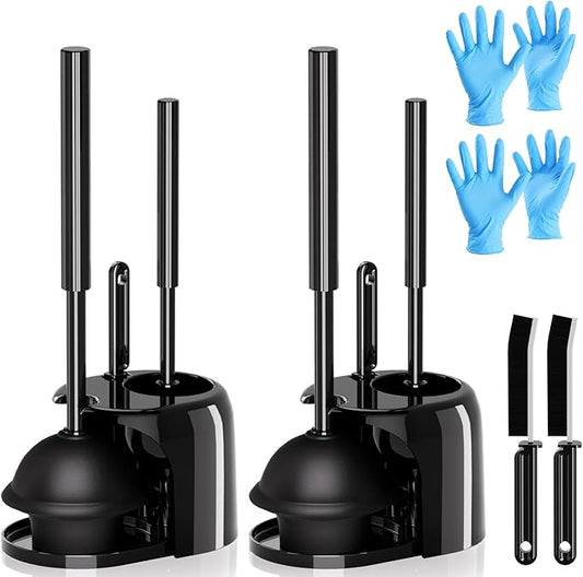 2 Pack 4 in 1 Toilet Brush and Plunger Set with Crevice Cleaning Brush, Toilet Plunger and Brush Set with Extra Long Handle, Plungers for Bathroom Accessories, Toilet Plunger with Holder, Dark Black