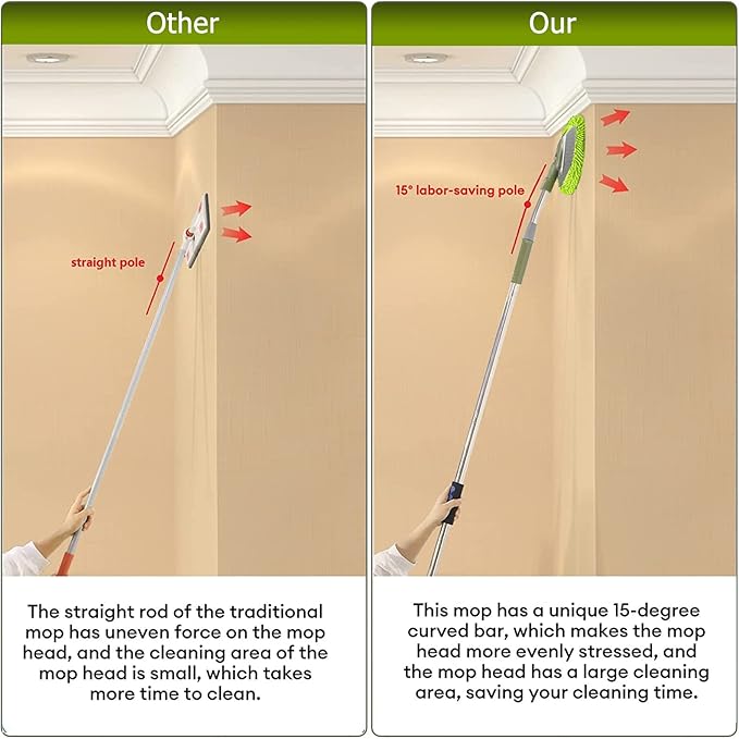 Wall Cleaner, Max 66'' Wall Mop with Long Handle, Ceiling Dust Mop with 15° Labor-Saving Elbow Extension Pole, Baseboard Duster Washer Scrubber, High Reach Window Cleaning Brush, Roof Cleaning Tool-GN