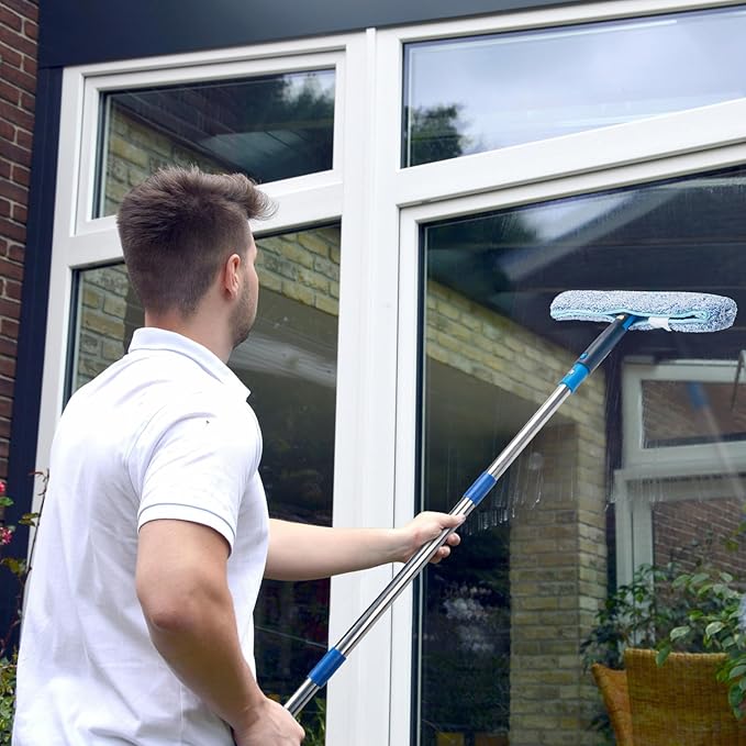 Window Squeegee with Scrubber for Home and Outdoor Glasses Cleaning, 6 Ft Long Handle 2 in 1 Professional Window Washing Kit with Replacement Rubber Blade, Car Windshield Cleaner Tool