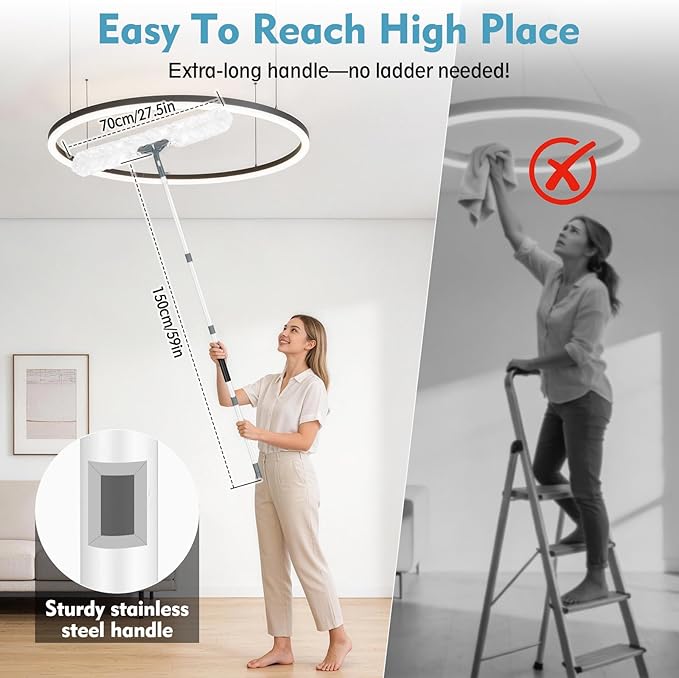 CLDREAM Microfiber Duster with Extension Pole,Ceiling Fan Cleaner Duster with 60" Long Handle,Long Dusters for Cleaning Ceiling Fan, High Ceiling,Wall,Blinds,Furniture,Adjustable Head,White