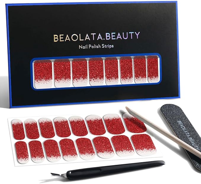 Nail Polish Strips, 32PCS Salon Quality Wraps, Long Lasting Gel Nail Stickers for Women Easy Apply& Remove (Molten Heartbeat Red)