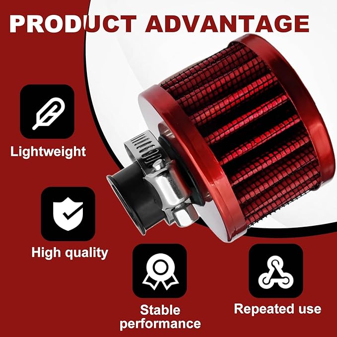 2 Pieces 12mm Universal Air Filter and Crankcase Breather Kit High Flow Cold Air Intake Filter, Turbo Vent Valve Cover Breather for Car Motorcycle Red