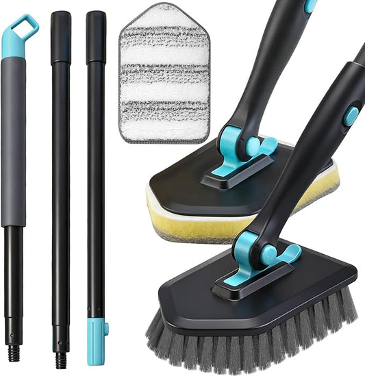 Long Handled Scrub Brush for Shower,3-in-1 Cleaning Brushes with 3 Different Function Cleaning Heads Brush for Shower Cleaning Bathroom Kitchen Walls Tub Tile (Black)