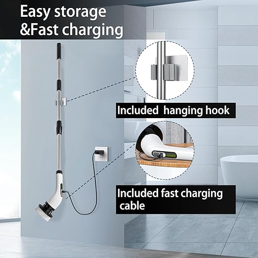 Cordless Electric Spin Scrubber - IPX7 Waterproof, LCD Display, 8 Brush Heads, Adjustable Extension Handle, for Shower, Bathtub, Tile, Grout, Kitchen, Bathroom Cleaning